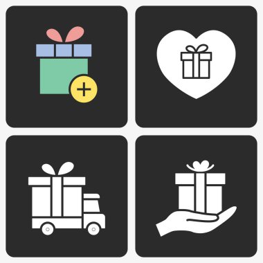 Siyah arka planda ayarlanan hediye kutusu vektör simgesi.