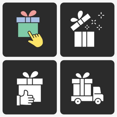 Siyah arka planda ayarlanan hediye kutusu vektör simgesi.