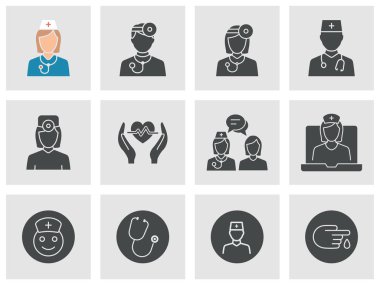 Doktor ve Hemşire simgeleri ayarlanır. Siyah vektör çizimi.