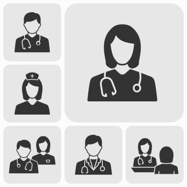 Doktor simgeleri ayarlandı. Siyah vektör çizimi.