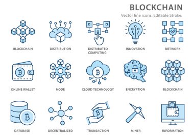 Blockchain düz çizgi simgesi seti. Vektör çizimi. Düzenlenebilir vuruş.