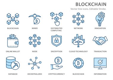 Blockchain düz çizgi simgesi seti. Vektör çizimi. Düzenlenebilir vuruş.