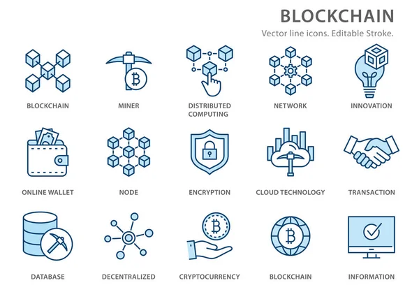 Blockchain düz çizgi simgesi seti. Vektör çizimi. Düzenlenebilir vuruş.