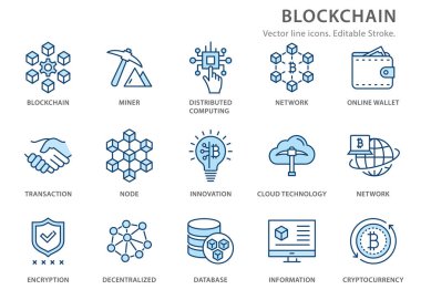 Blockchain düz çizgi simgesi seti. Vektör çizimi. Düzenlenebilir vuruş.