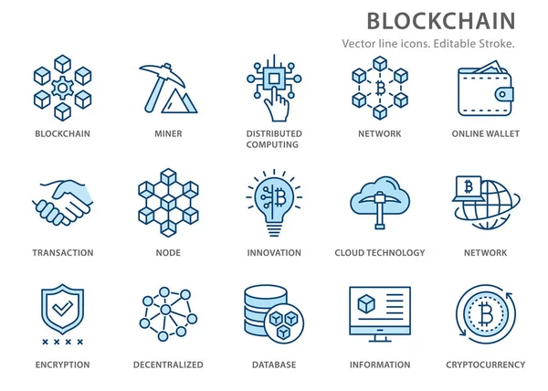 Blockchain düz çizgi simgesi seti. Vektör çizimi. Düzenlenebilir vuruş.