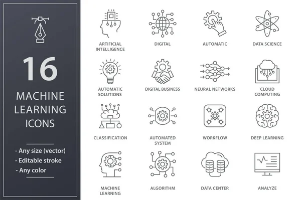 Conjunto de ícones de linha de aprendizado de máquina. Ilustração vetorial preta. AVC editável . —  Vetores de Stock