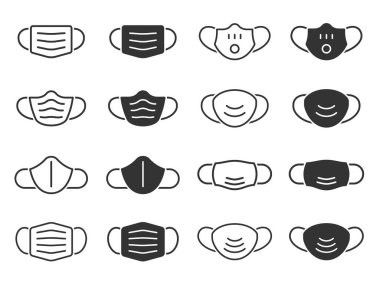 Tıbbi koruma maskesi simgeleri ayarlandı. Siyah vektör çizimleri beyaza izole edildi.