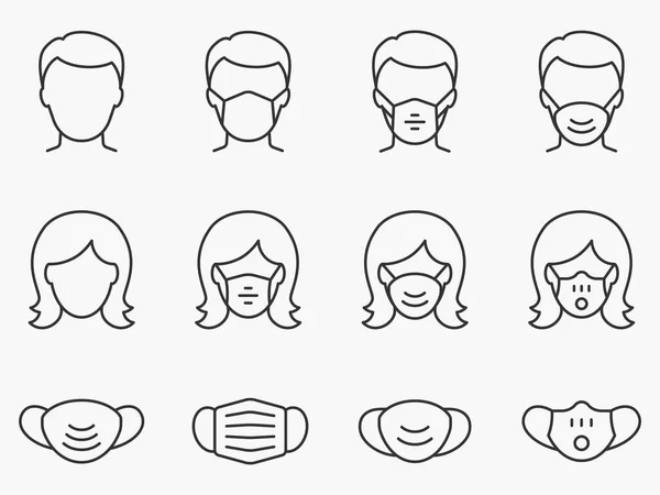 Medical Face Mask Line Icons Set Vector Illustration White Background — Stock Vector