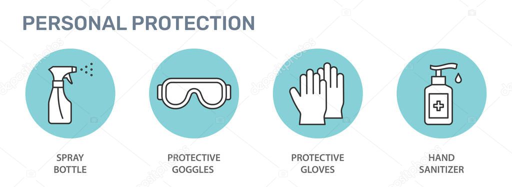 Personal protection icons. Disinfect, antibacterial gel, goggles, gloves, spray bottle vector illustrations.