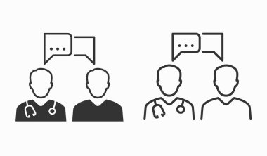 Doktor ve hasta ikonu. Siyah vektör çizimi beyazda izole edildi.