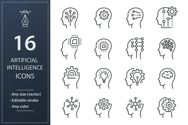 Iconos Línea Inteligencia Artificial Derrame Cerebral Ilustraciones Vectoriales Negras Aisladas — Vector de stock