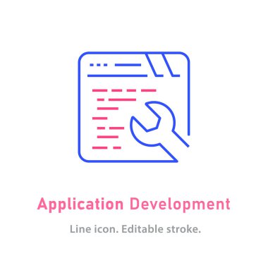 Beyaz arkaplanda uygulama geliştirme ana hatları simgesi. Düzenlenebilir felç. Vektör illüstrasyonu.