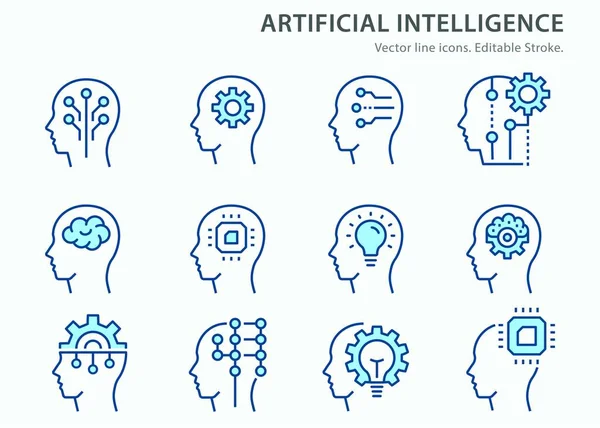 Ícones Linha Inteligência Artificial Avc Editável Ilustrações Vetor Azul Isoladas —  Vetores de Stock