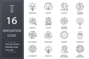 Yenilik çizgisi simgeleri. Gelişim, bilim, teknoloji, yaratıcılık, başarı ve daha fazlası. Düzenlenebilir vuruş.