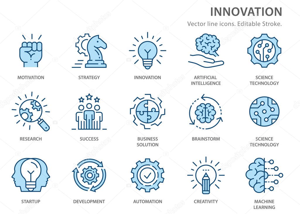 Innovation icons, such as analysis, technology, startup, business solution and more. Vector illustration isolated on white. Editable stroke.