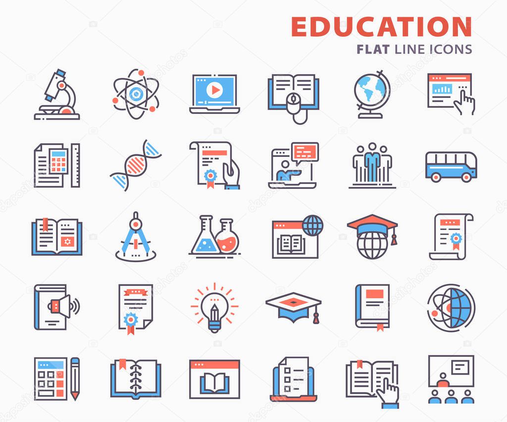 Education flat line icons. Set of graduation cap, training, laptop, learn online, webinar and more.