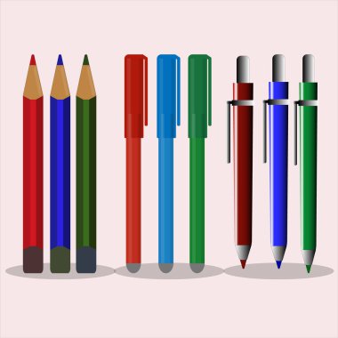 Kalem ve kalemin farklı renk ve pembe arkaplandaki vektör çizimi
