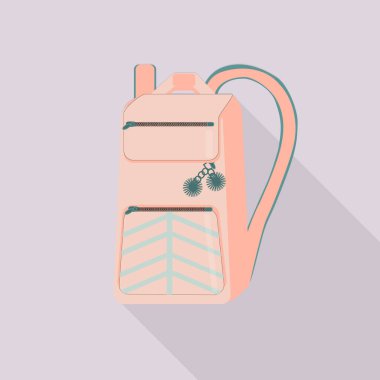 Pembe okul çantasının, sırt çantasının, menekşe arkaplanının izoleli çizimi