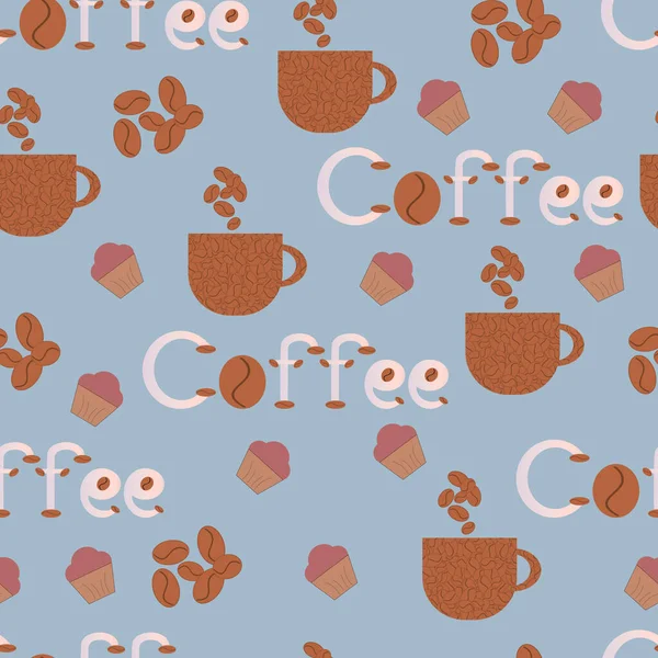 Seamless Vector Pattern Coffee Background Cakes Cup Text Coffee Beans — Stock Vector
