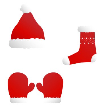 Yeni yıl, Noel, kış elementi, kırmızı çorap, eldiven ve başlık illüstrasyonlu vektör..