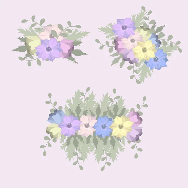 Vector Floral Set Άνθη Ανεμώνης Μπουκέτο Και Διάφορα Φύλλα — Διανυσματικό Αρχείο