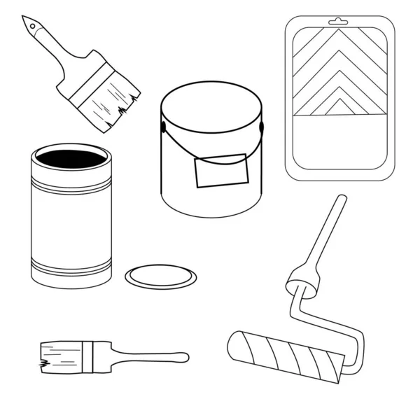 Paint Set Brushes Roller Can Bucket Tray Vector Line Icon — Stock Vector