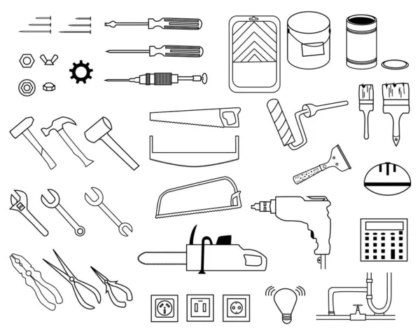 Startseite Reparatur Großen Vektor Linie Icon Set Mit Verschiedenen Werkzeugen — Stockvektor