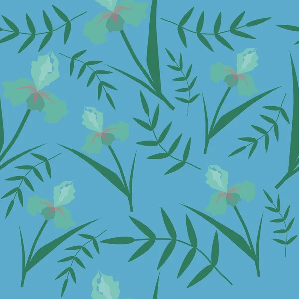 アイリスの花とシームレスでかわいいベクトルパターン 植物の背景 — ストックベクタ