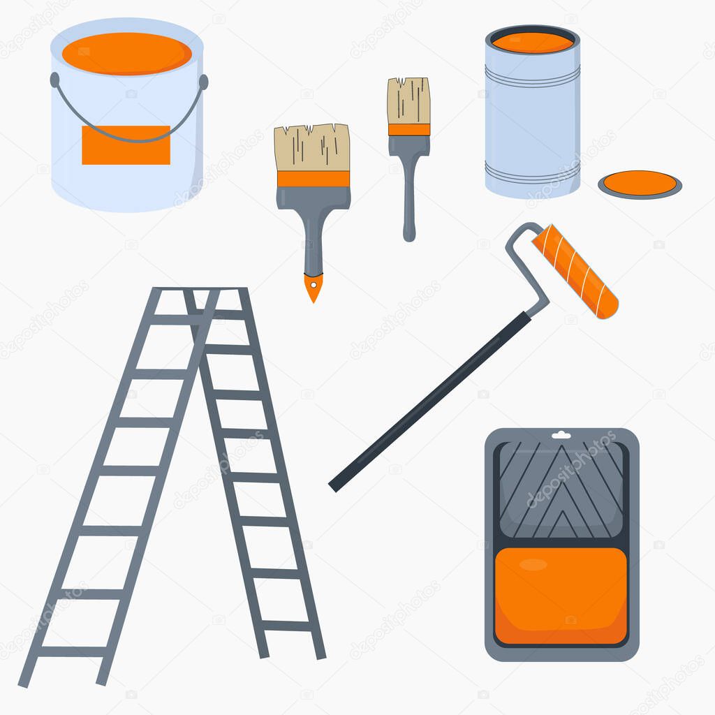 Paint set with brushes, roller, can, bucket, paint tray and ladder. Vector illustration for repair theme, equipment for painter, paint tools