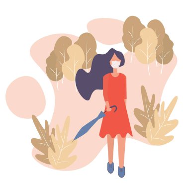 Sonbahar parkında yürüyen maskeli güzel kadınlar. Virüs koruma konsepti, çocuğu korumak, Coronavirüs 'ü durdurmak, sağlık hizmetleri. Covid-19 veya influenza vektör düz illüstrasyon