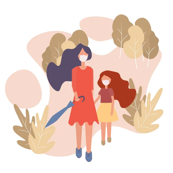 Bela Mãe Com Sua Filha Andando Parque Outono Máscara Conceito —  Vetores de Stock