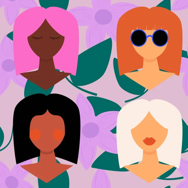 Чотири Жінки Різних Національностей Культур Дівчинка Іншою Шкірою Кольором Волосся — стоковий вектор