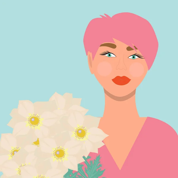 Mulheres Bonitas Com Cabelo Rosa Curto Flores Margaridas Ilustração Vetorial —  Vetores de Stock
