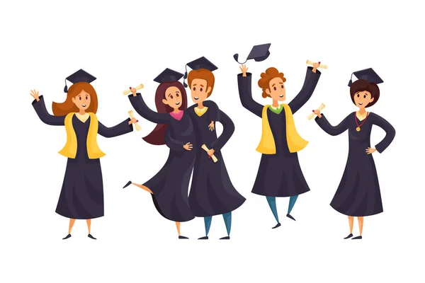 Éxito, graduación, concepto de educación. Grupo de chicos felices niñas estudiantes — Archivo Imágenes Vectoriales