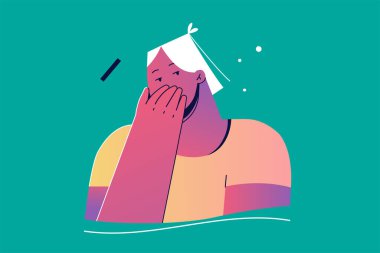 Duygu, yüz ifadesi, ifade, dedikodu, sessizlik kavramı. Ciddi bir genç kadın tek eliyle ağzını kapatıyor ve sır saklıyor. Sessizlik ve yayılan dedikodular veya bazı gizli bilgi illüstrasyonları.