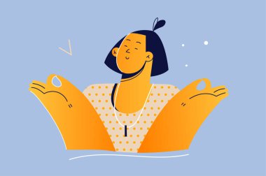 Duygu, yüz, ifade, meditasyon, sakinlik konsepti. Dertsiz, sakin, mutlu, gülümseyen genç bir kadın karakter. Nirvana Lotus 'ta meditasyon yaparken, nefes alırken ya da yoga yaparken keyif alıyor..