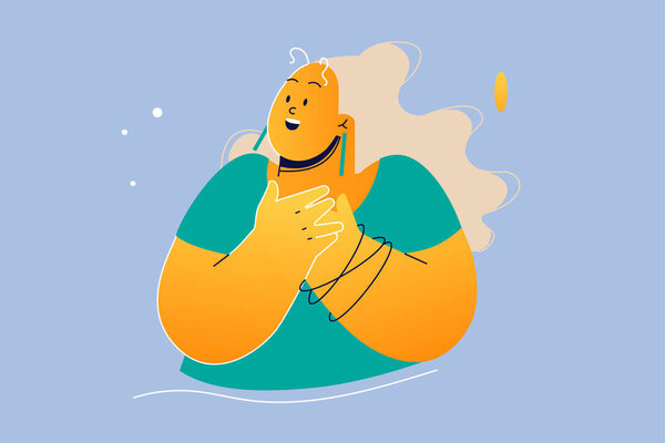 Emotion, face, expression, happiness, surprise, joy concept. Unexpected news and bright joyful emotional reaction. Young happy delighted woman girl teen cartoon character learned something pleasant.