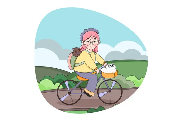Cycling, recreation, sport, activity concept. Happy young child girl character riding bicycle with pets cats on country road. Active trip summer leisure recreation and healthy lifestyle illustration.