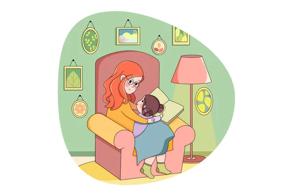 子供時代 勉強の概念 若い女性の母親と子供の娘がアームチェアに座って一緒に本を読んでいます 家庭教育又は家庭教育の母の日 — ストックベクタ