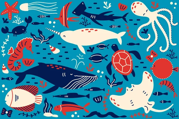 Marine life doodle set — Stock Vector