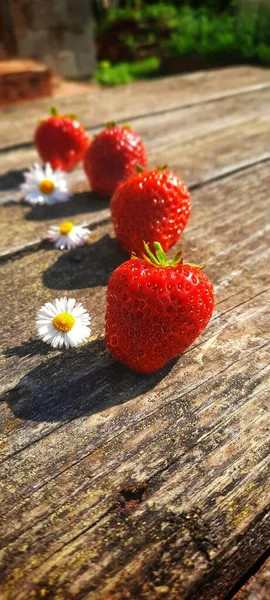 Strawberries Lie Table Flowers — Stock Photo, Image