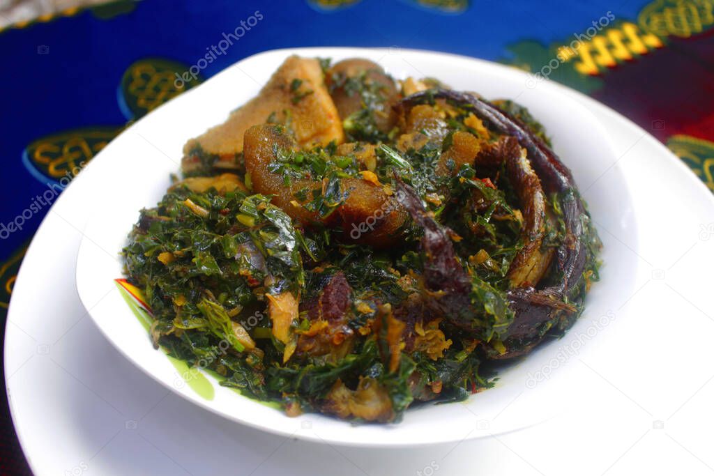 A bowl of tasty thick Nigerian Vegetable soup with fish and meat