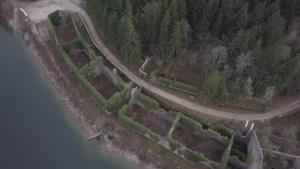 在法国西兰斯湖上空播放无人驾驶飞机的空中录像和古老的废墟 — 图库视频影像