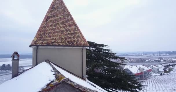 Vista Aerea Dei Terreni Agricoli Svizzera Durante Inverno Tetto Torre — Video Stock