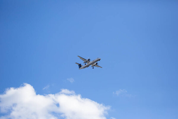 Toronto, Ontario / Canada; October 12th 2019: Image of airplane. Canadian airline company. Travel. Porter bombardier.