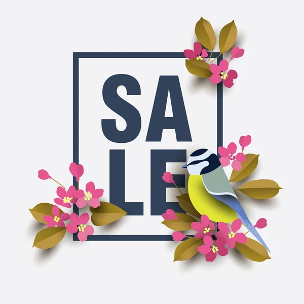 春天的销售海报与鸟坐在樱花的开花分支 剪纸风格 向量例证 — 图库矢量图片