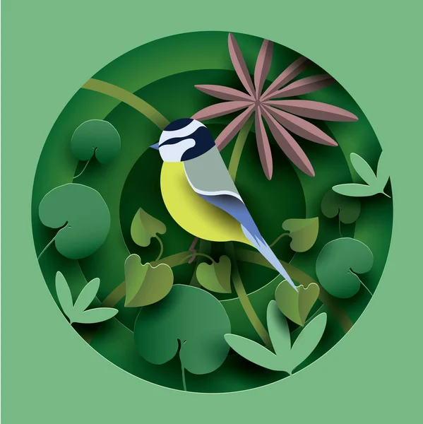 Pájaro Matorral Las Plantas Estilo Corte Papel Composición Primavera Verano — Vector de stock