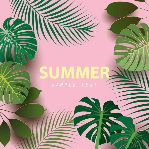 Sommer Hintergrund Mit Tropischen Pflanzen Papierschnitt Stil Vektorillustration — Stockvektor