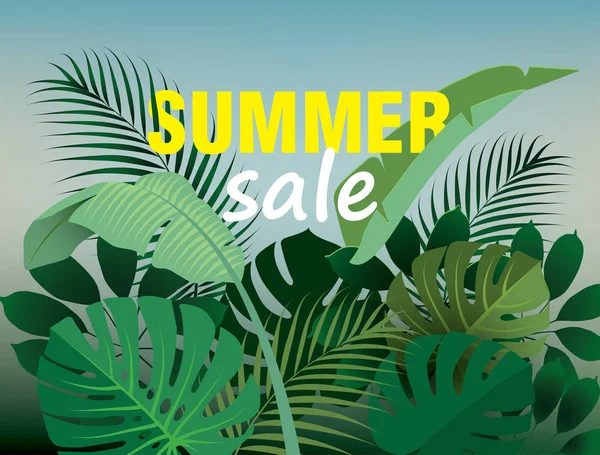 Branches Tropical Plants Inscription Summer Sale Paper Cut Style Vector — Stock Vector