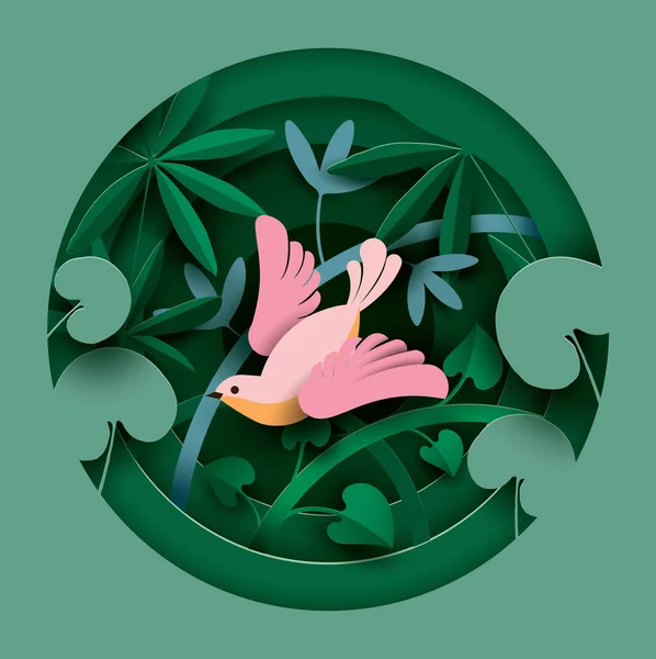 Pájaro Matorral Las Plantas Estilo Corte Papel Composición Primavera Verano — Vector de stock